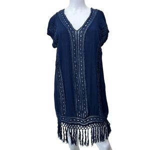 Ravira Swim Coverup Dress Boho Chic, Navy, Crochet, Fringe, Small